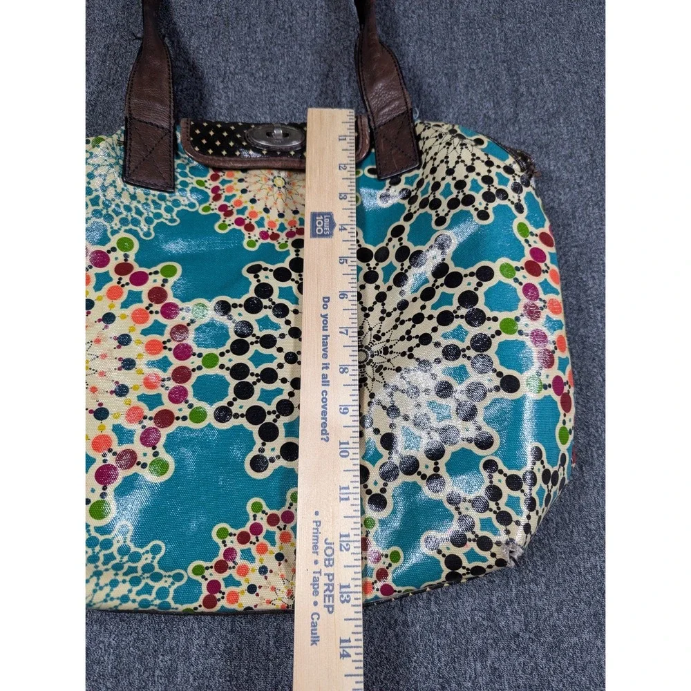 Fossil Key-Per Coated Canvas Tote Bag Teal Kaleidoscope Geometric Dots